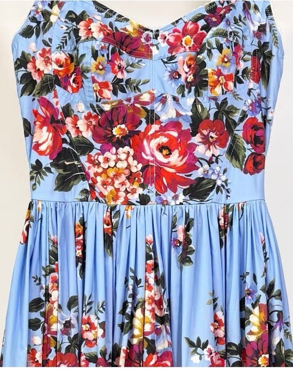 Luxury 100% Cotton Blue Floral Maxi Dress with Red Rose Print - Picture 9 of 14